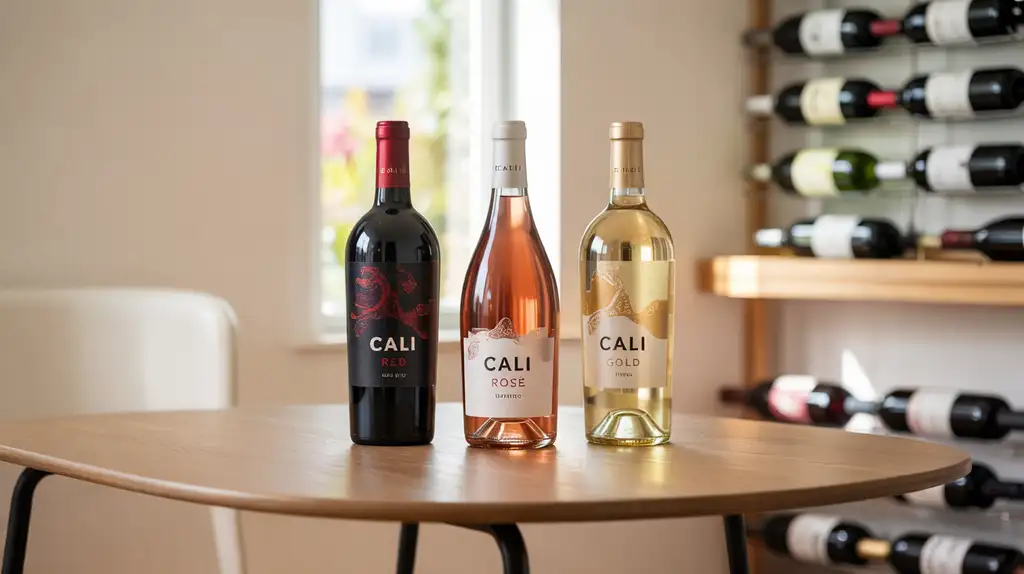 Design variations across Snoop’s wine lineup Side-by-side comparison of Snoop Dogg's Cali Red, Rosé, and Gold wine bottles