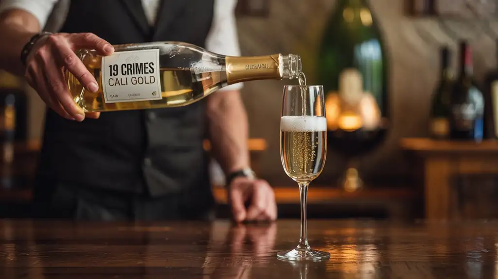Cali Gold displays vibrant golden color and fine effervescence Snoop Dogg's 19 Crimes Cali Gold sparkling wine being poured into a flute glass
