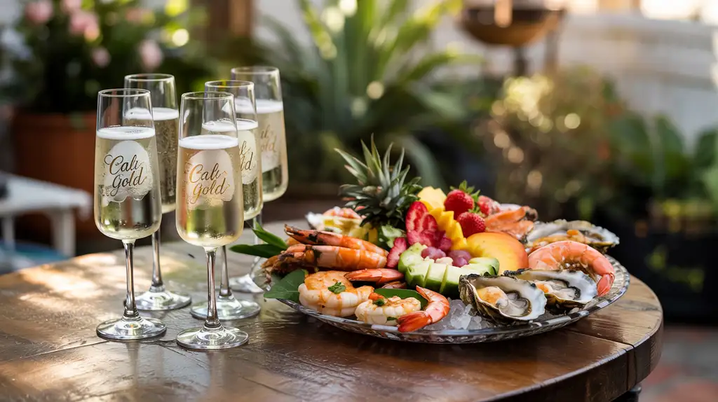 Cali Gold paired with ideal California-inspired appetizers Cali Gold wine served in flutes with food pairing