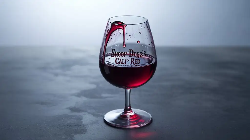 The deep purple-ruby color of Cali Red in the glass Glass of Snoop Dogg's Cali Red wine showing its deep color