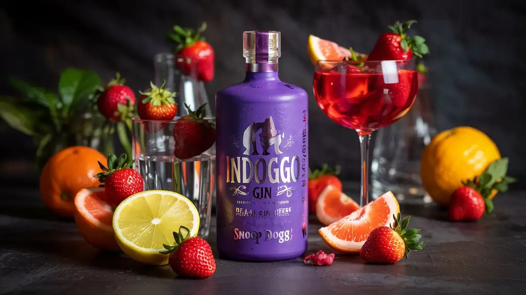 INDOGGO Gin bottle by Snoop Dogg with strawberry and citrus garnishes