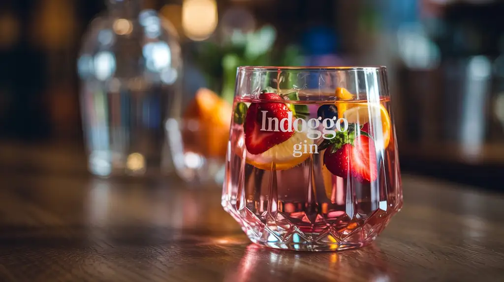 INDOGGO’s strawberry-forward flavor profile creates a unique gin experience Glass of INDOGGO gin with visible botanicals and garnishes