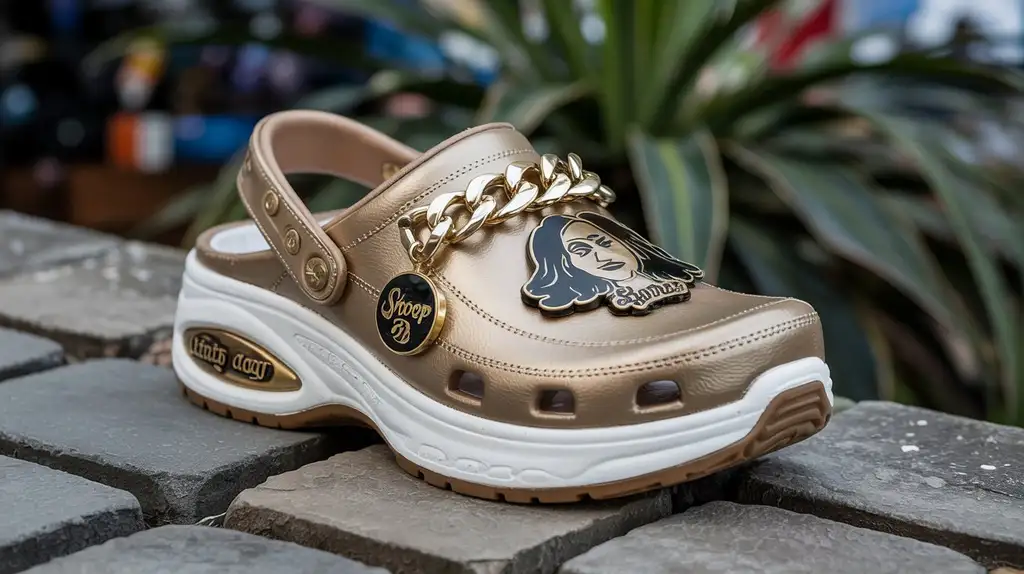 The signature gold chain makes these clogs unmistakably Snoop Close-up of the Skechers x Snoop Dogg Rolling N Gold foam clog showing the gold chain details