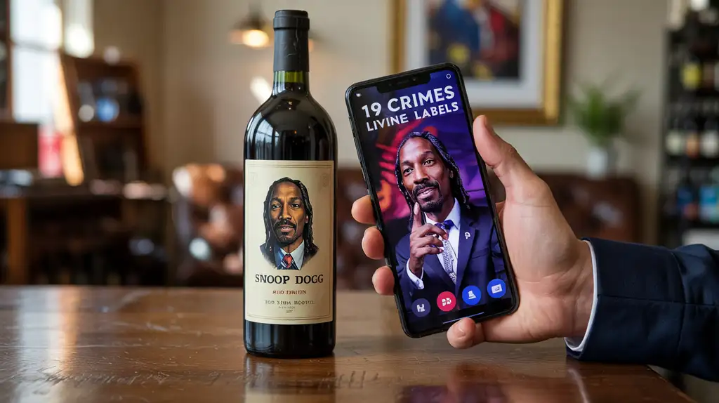 The Living Wine Labels app brings Snoop’s bottles to life Person using smartphone with Living Wine Labels app to activate AR experience on Snoop Dogg wine bottle