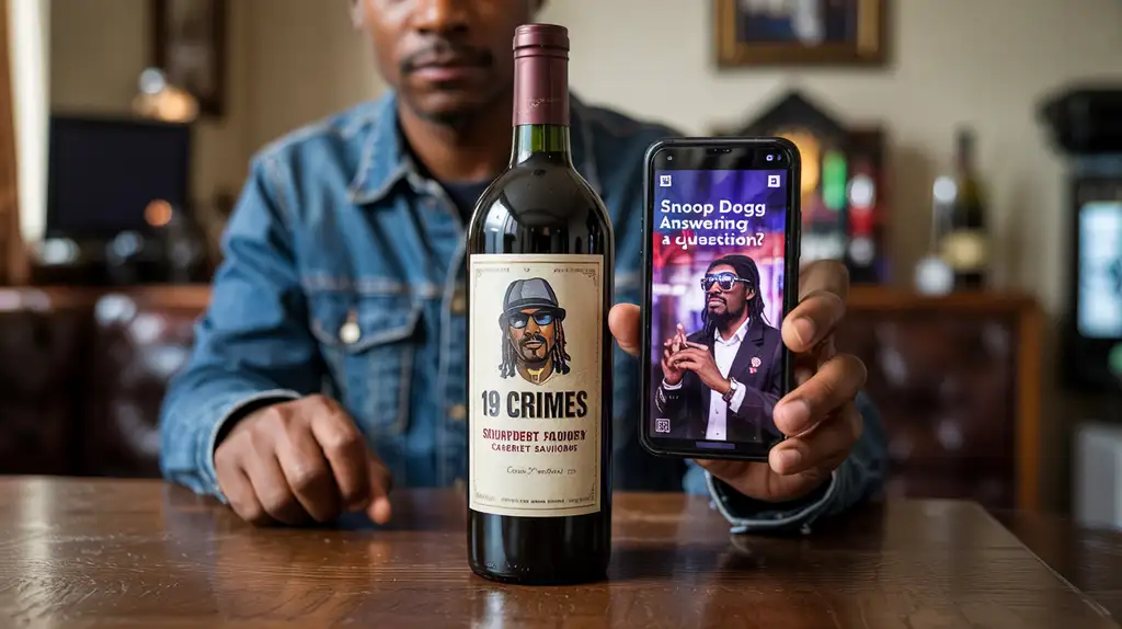 Person interacting with Snoop Dogg AR feature from wine bottle