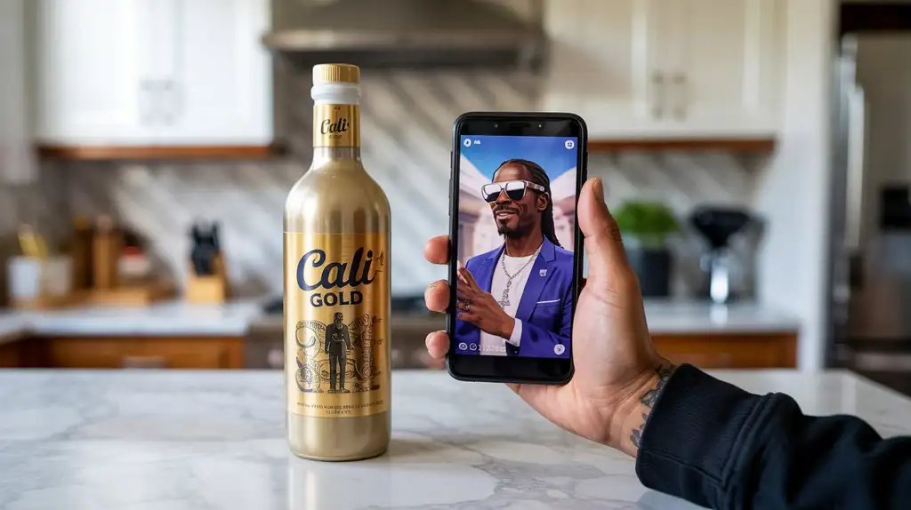 The 19 Crimes app brings Snoop Dogg to life through AR technology Person using smartphone to view Snoop Dogg AR experience from Cali Gold bottle