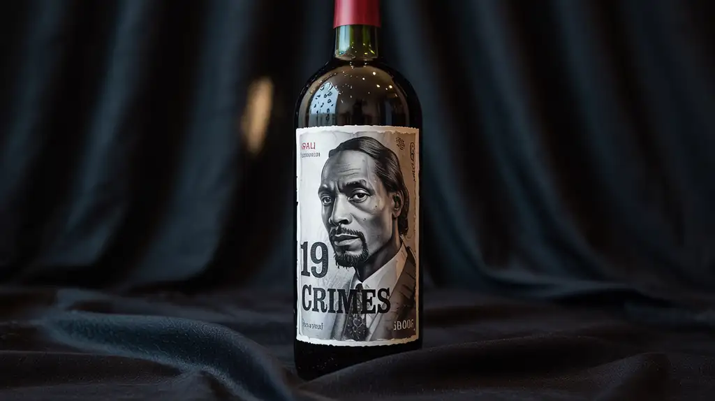 The flagship 19 Crimes Cali Red featuring Snoop Dogg on the label Close-up of Snoop Dogg's 19 Crimes Cali Red wine bottle