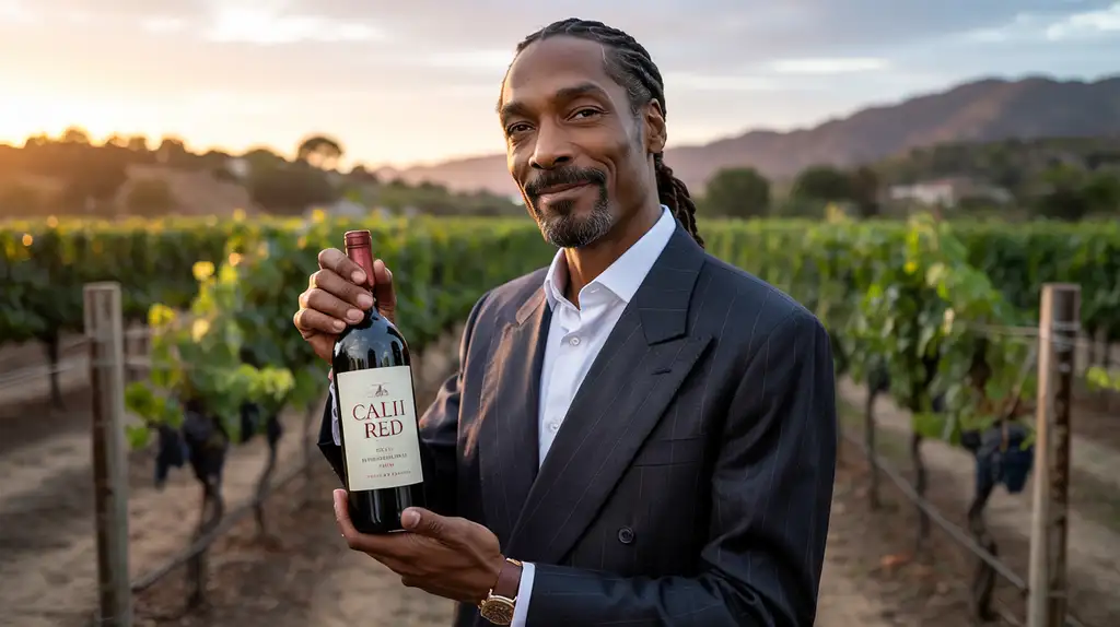 Snoop Dogg bringing West Coast flavor to the wine industry through 19 Crimes Snoop Dogg posing with 19 Crimes Cali Red bottle against vineyard backdrop