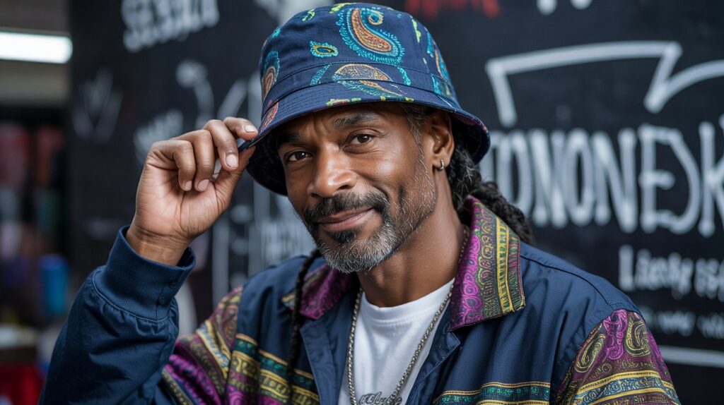 Snoop Dogg wearing his signature blue paisley bucket hat