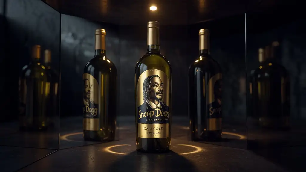The distinctive Cali Gold bottle with AR technology Snoop Dogg Cali Gold wine bottle featuring gold accents and Snoop's image