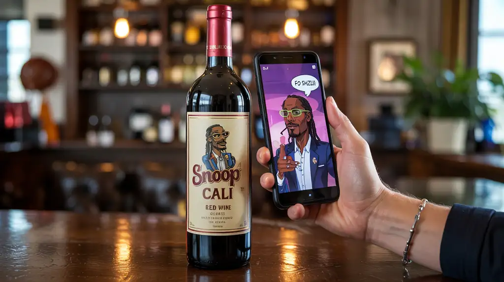 Person using smartphone to activate the augmented reality feature on a Snoop Dogg Cali Red wine bottle