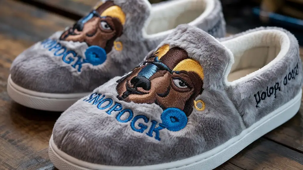 Signature details that set these house shoes apart Close-up details of premium materials and embroidery on Snoop Dogg house shoes