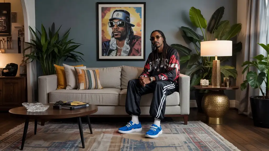 Where West Coast style meets home comfort Snoop Dogg house shoes displayed in a stylish home setting, embodying the relaxed luxury lifestyle