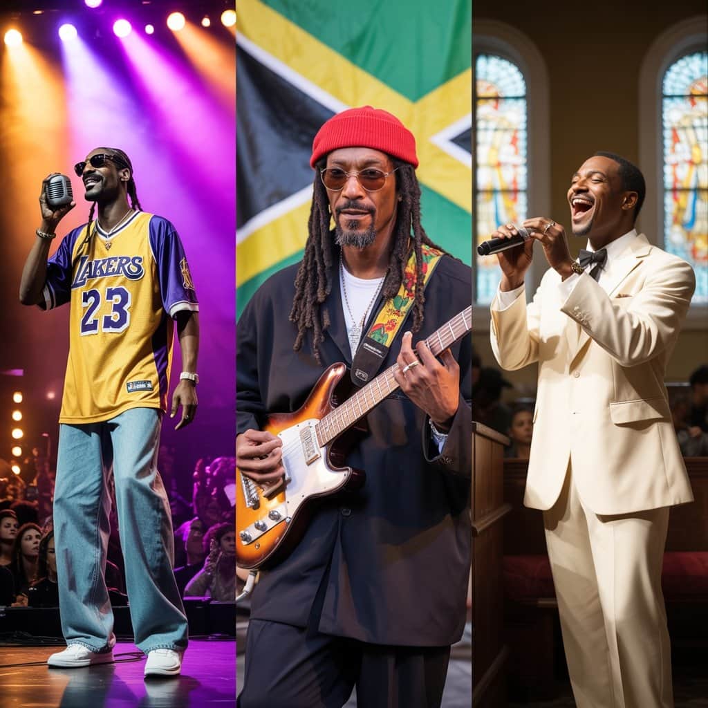 From G-Funk to Gospel: Snoop’s journey across musical genres Snoop Dogg performing in different musical styles throughout his career