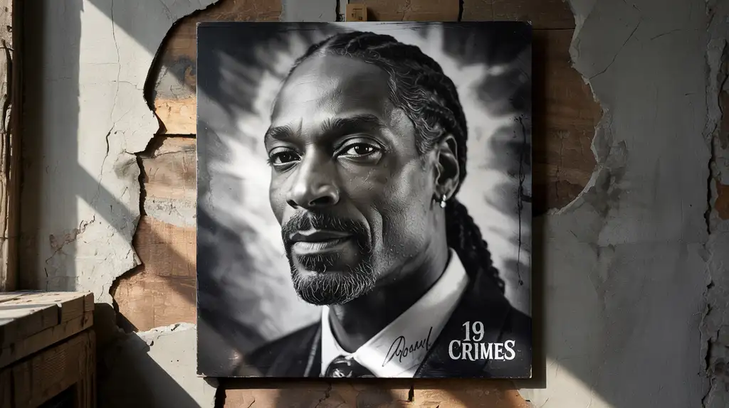 Snoop’s distinctive portrait on the Cali Red label Close-up of Snoop Dogg portrait on 19 Crimes wine label