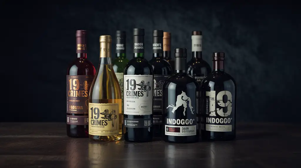 The official Snoop Dogg wine and spirits collection, representing authentic West Coast flavor Snoop Dogg's complete wine and gin collection featuring 19 Crimes Cali Red, Cali Gold, Cali Rosé, and INDOGGO Gin bottles arranged on a stylish display