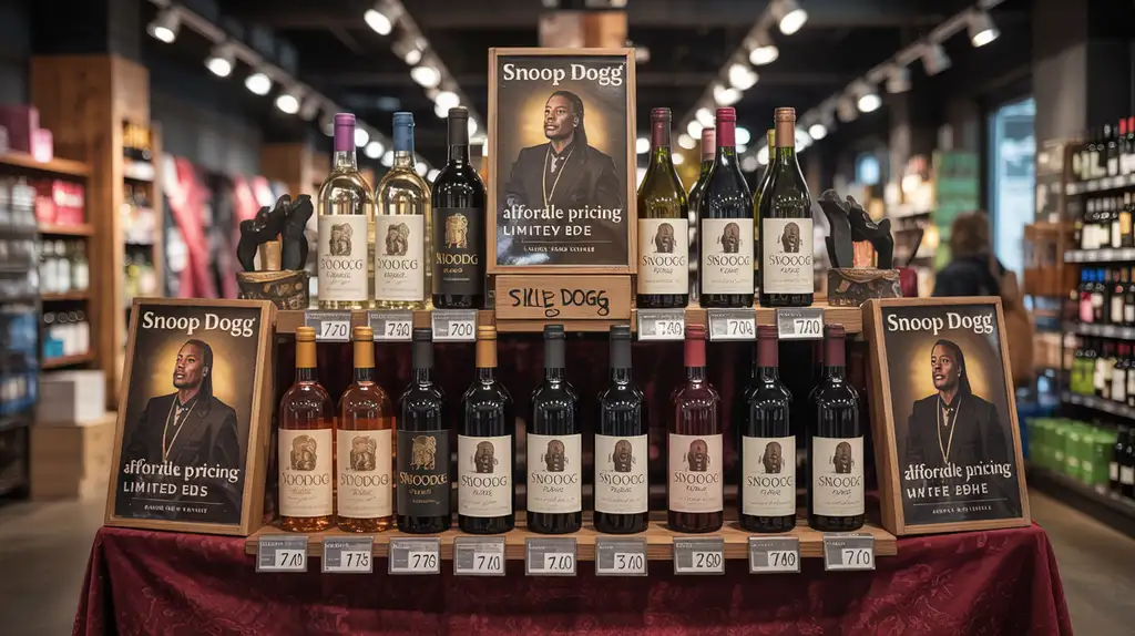 Snoop Dogg wines are widely available at major retailers nationwide Retail display of Snoop Dogg wines at a liquor store featuring all varieties