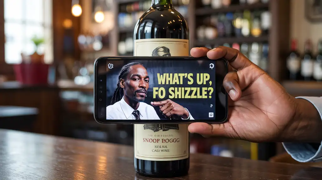 The 19 Crimes AR feature brings Snoop Dogg to life from his Cali Red wine label Smartphone displaying Snoop Dogg AR animation from 19 Crimes wine bottle