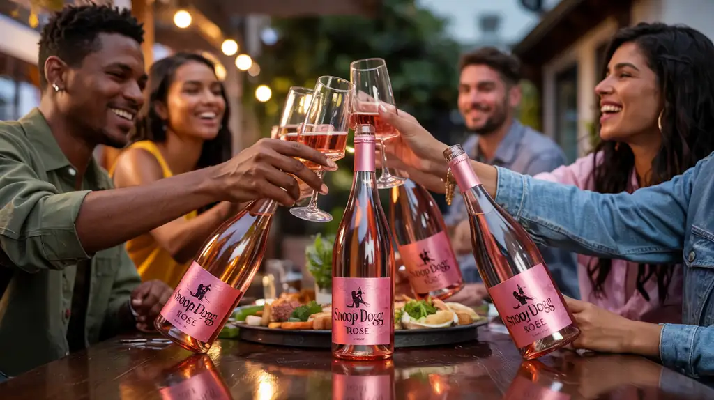 Snoop Dogg wine bottles in a lifestyle setting with friends enjoying wine
