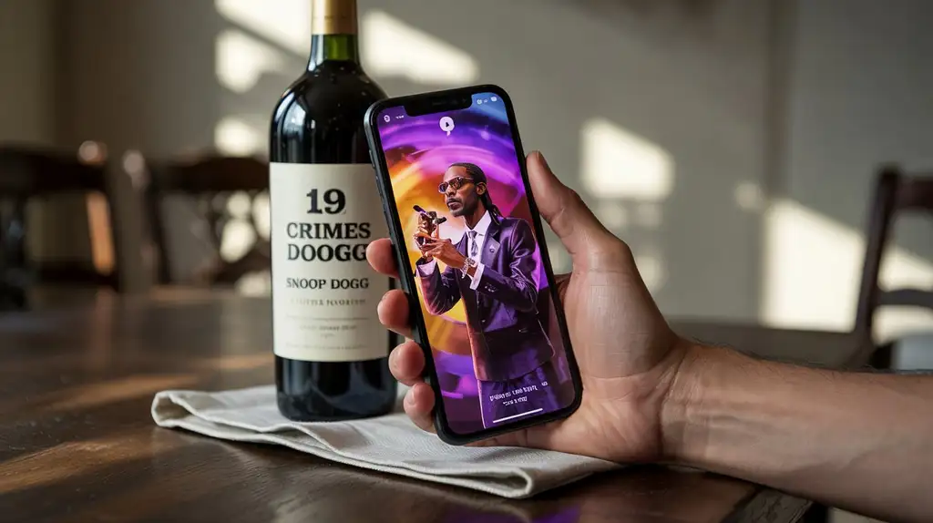 The interactive AR feature brings Snoop Dogg to life through your smartphone Person using smartphone to activate AR experience on 19 Crimes Snoop Dogg wine bottle
