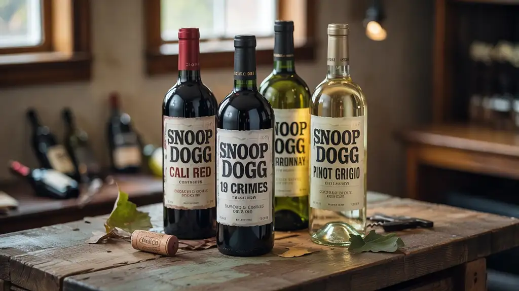Complete lineup of 19 Crimes Snoop Dogg wine bottles displayed on wooden table