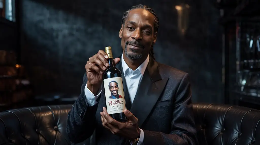Snoop Dogg holding a bottle of 19 Crimes Cali Red wine