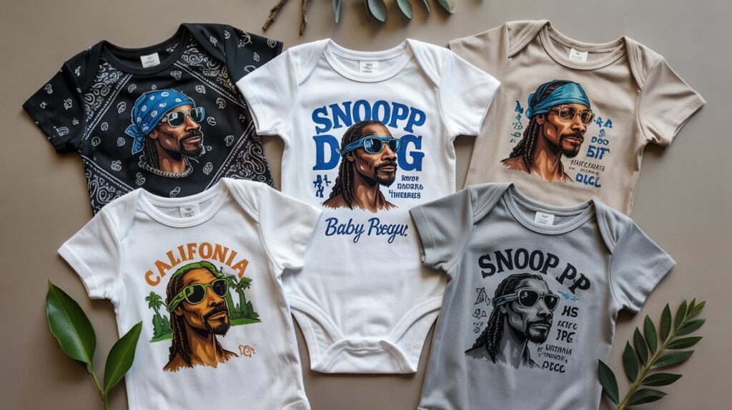 Collection of Snoop Dogg themed baby bodysuits in various designs