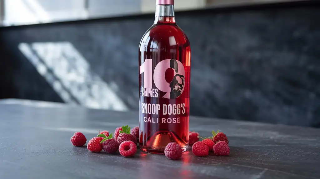 The eye-catching bottle design showcases the wine’s vibrant pink color Bottle of Snoop Dogg's Cali Rosé wine with pink liquid and 19 Crimes label