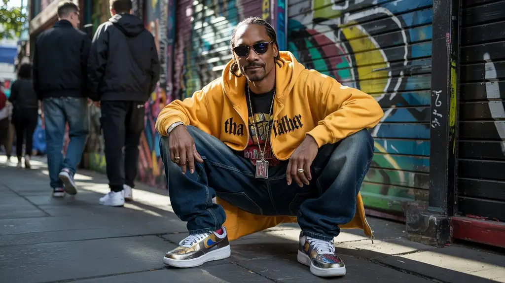 Snoop Dogg sporting his characteristic laid-back West Coast fashion and footwear Snoop Dogg showcasing his signature style with sneakers