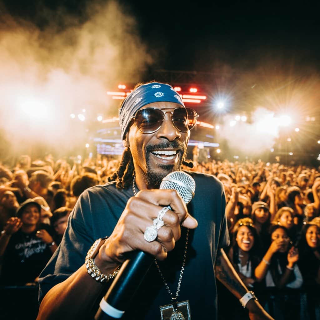 Snoop Dogg bringing his classic hits to life on stage Snoop Dogg performing on stage with his signature style