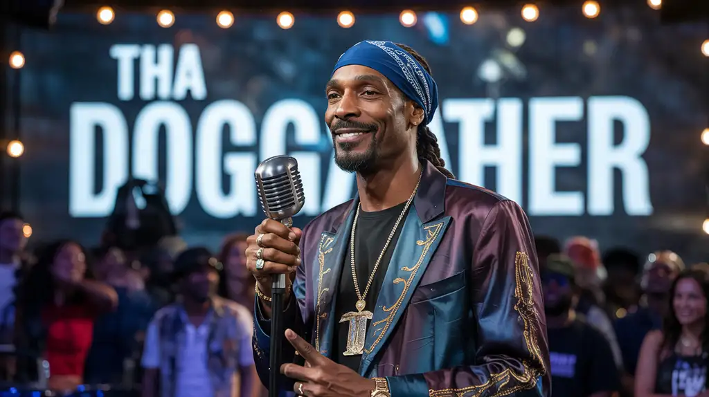 Snoop Dogg delivering his iconic flow during a live performance Snoop Dogg performing on stage with his signature style