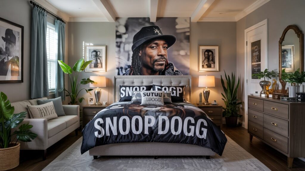 Fully styled bedroom featuring official Snoop Dogg bedding collection