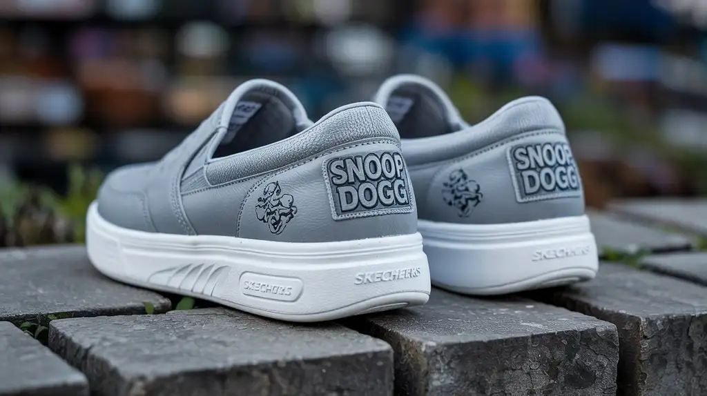 Distinctive design elements reflect Snoop’s personal style Close-up detail of Snoop Dogg Skechers showing premium materials and branding elements