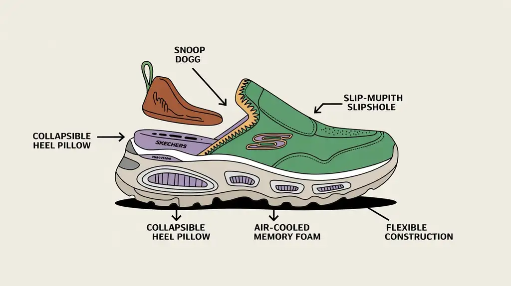 The revolutionary hands-free entry system with collapsible Heel Pillow™ Diagram showing the Skechers Slip-ins technology with Heel Pillow feature