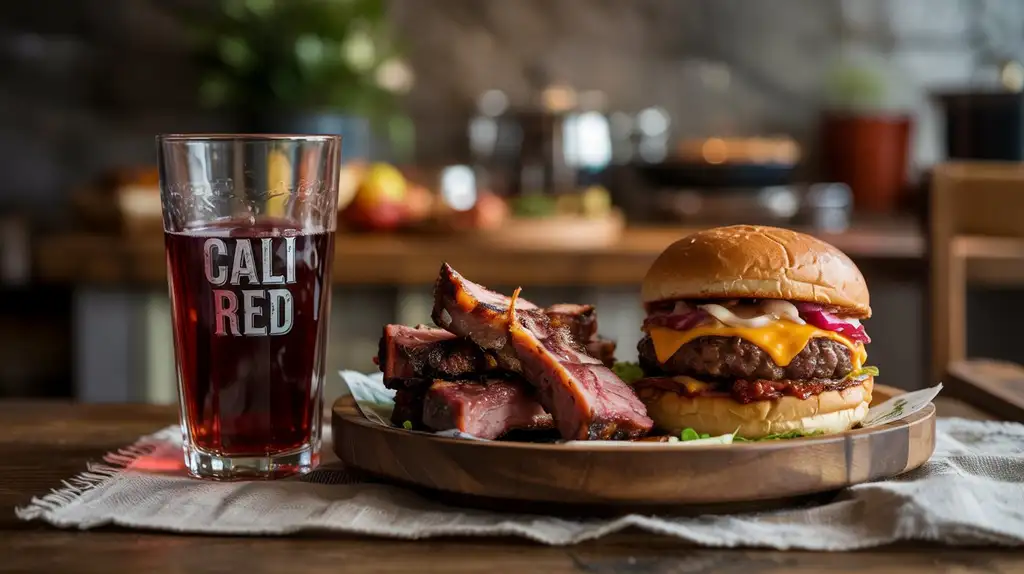 Cali Red pairs exceptionally well with classic barbecue dishes and comfort foods Plate of barbecue ribs and burger paired with a glass of 19 Crimes Snoop Dogg Cali Red wine