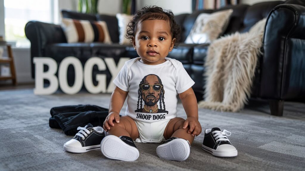 Baby wearing Snoop Dogg bodysuit styled with complementary accessories