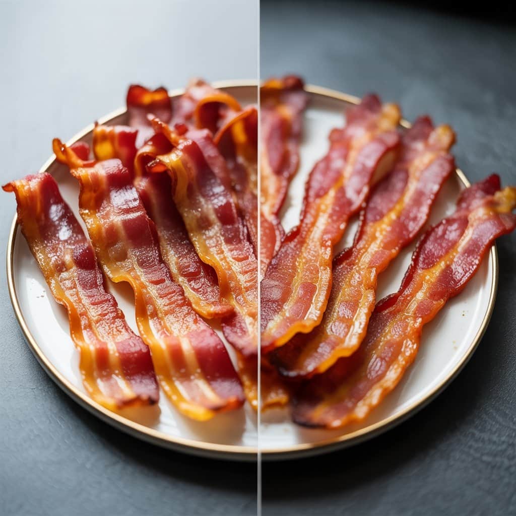 Learn to identify and avoid typical Billionaire Bacon mistakes Side-by-side comparison showing perfect bacon versus common cooking mistakes