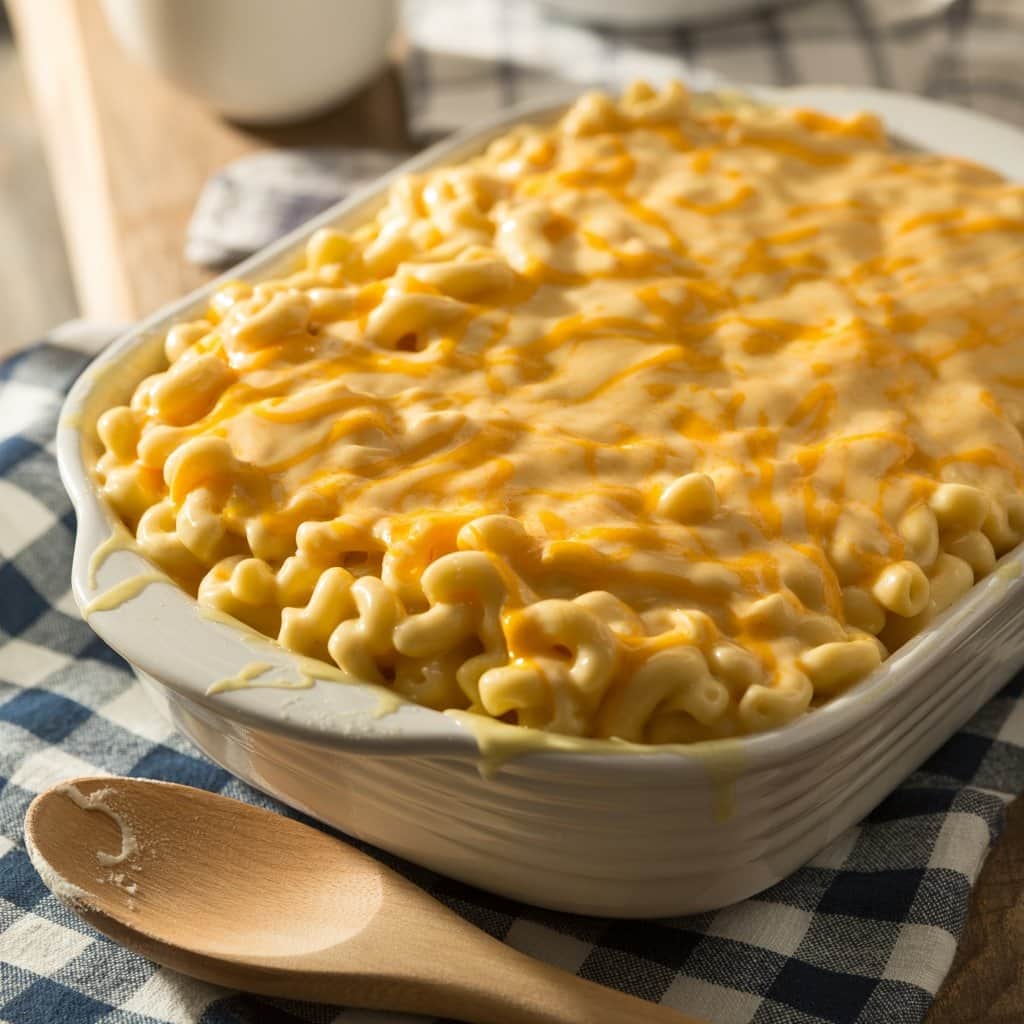 Proper layering ensures consistent results Mac and cheese being assembled in baking dish before oven