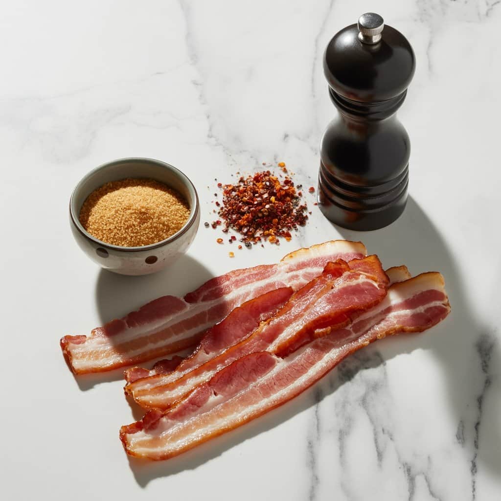 Quality ingredients make all the difference in this viral recipe Ingredients for Snoop Dogg's billionaire bacon arranged on a marble countertop