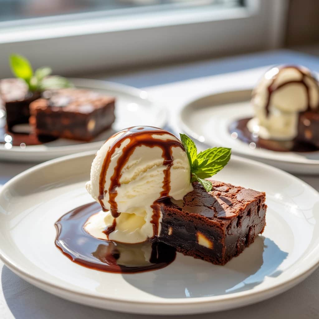 Snoop Dogg's brownies served with vanilla ice cream and chocolate sauce