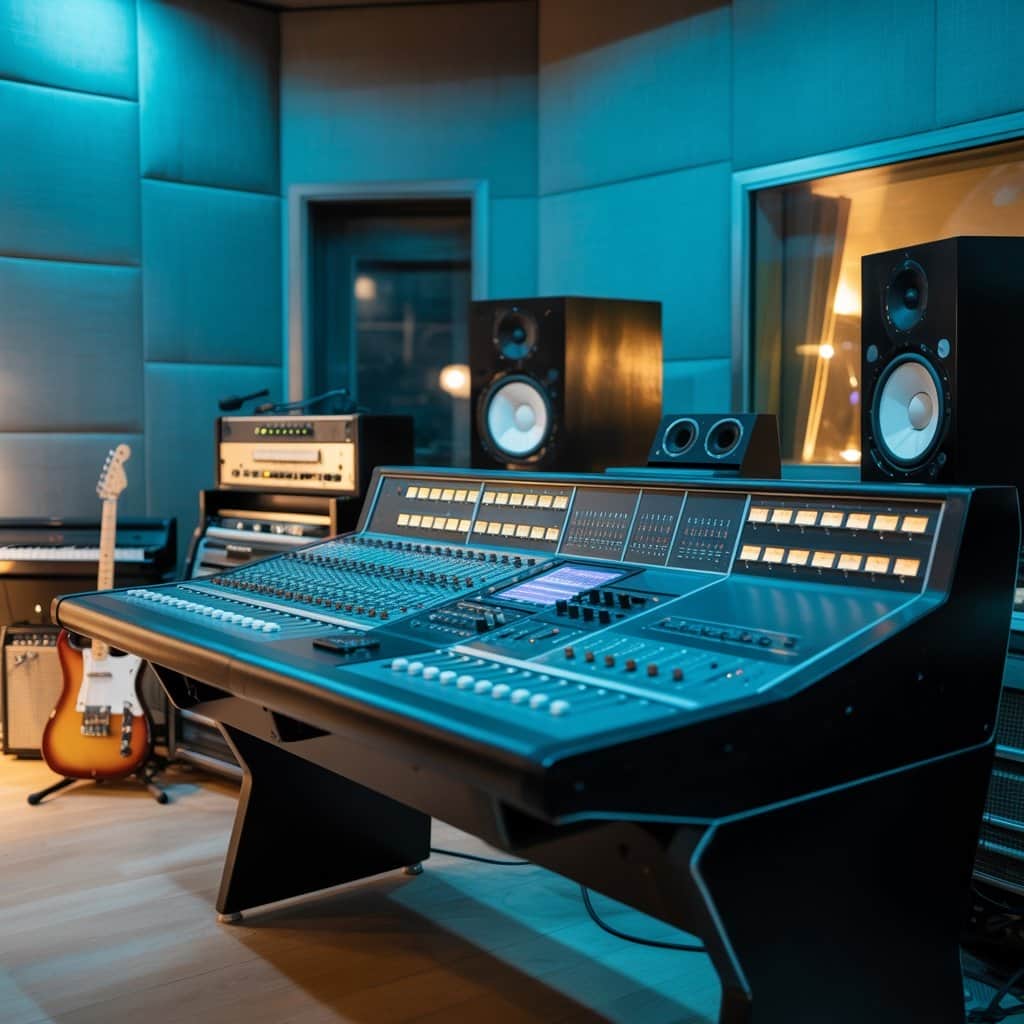 The state-of-the-art recording environment where the Diamond hit was crafted Professional recording studio setup during California Gurls production with mixing board and equipment