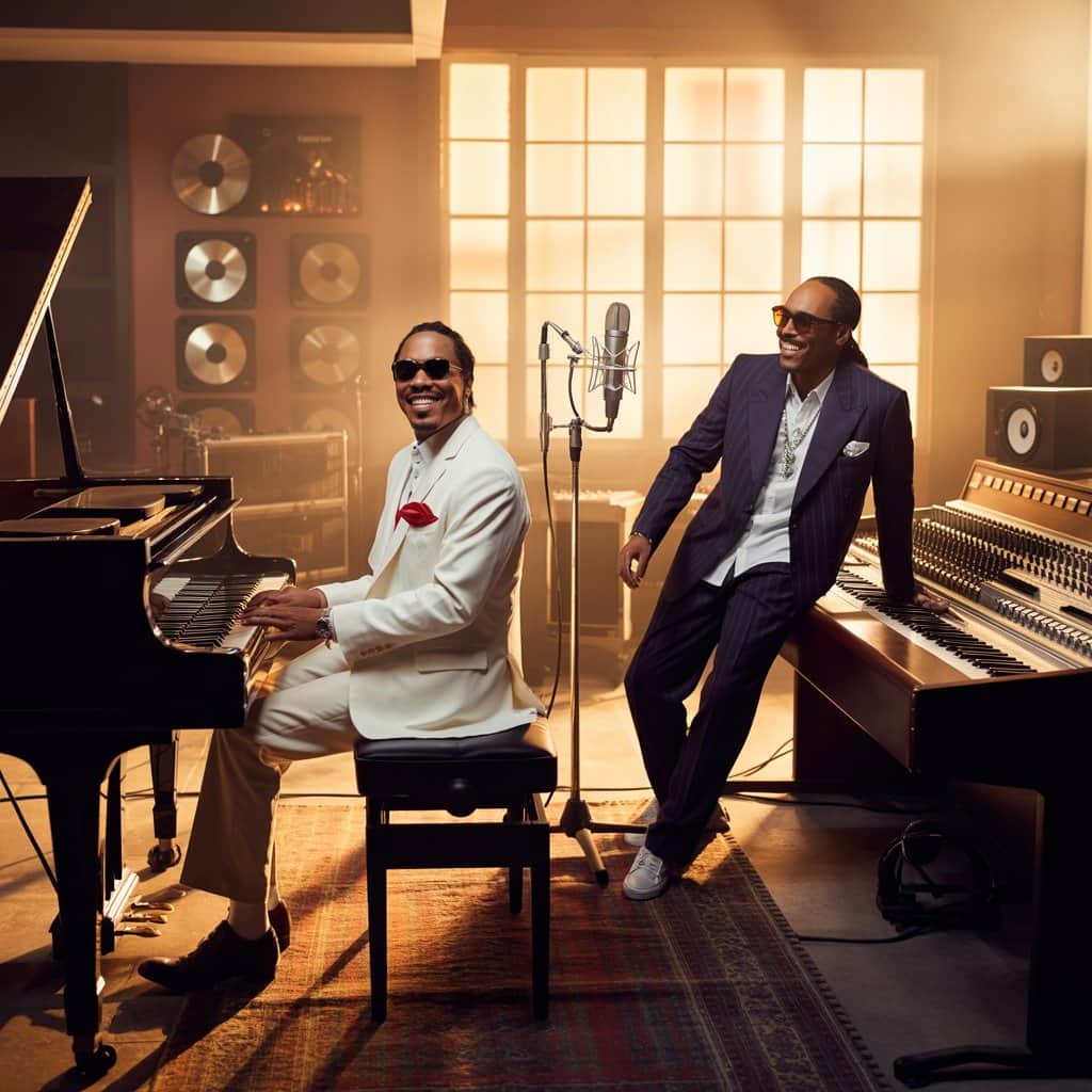 Charlie Wilson and Snoop Dogg creating musical magic together Charlie Wilson and Snoop Dogg collaborating in a recording studio