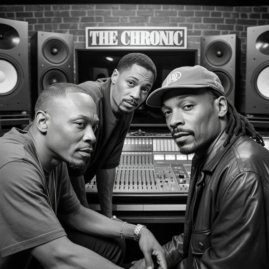 Historic studio sessions that revolutionized hip-hop Dr. Dre, Snoop Dogg, and Warren G in recording studio during The Chronic era