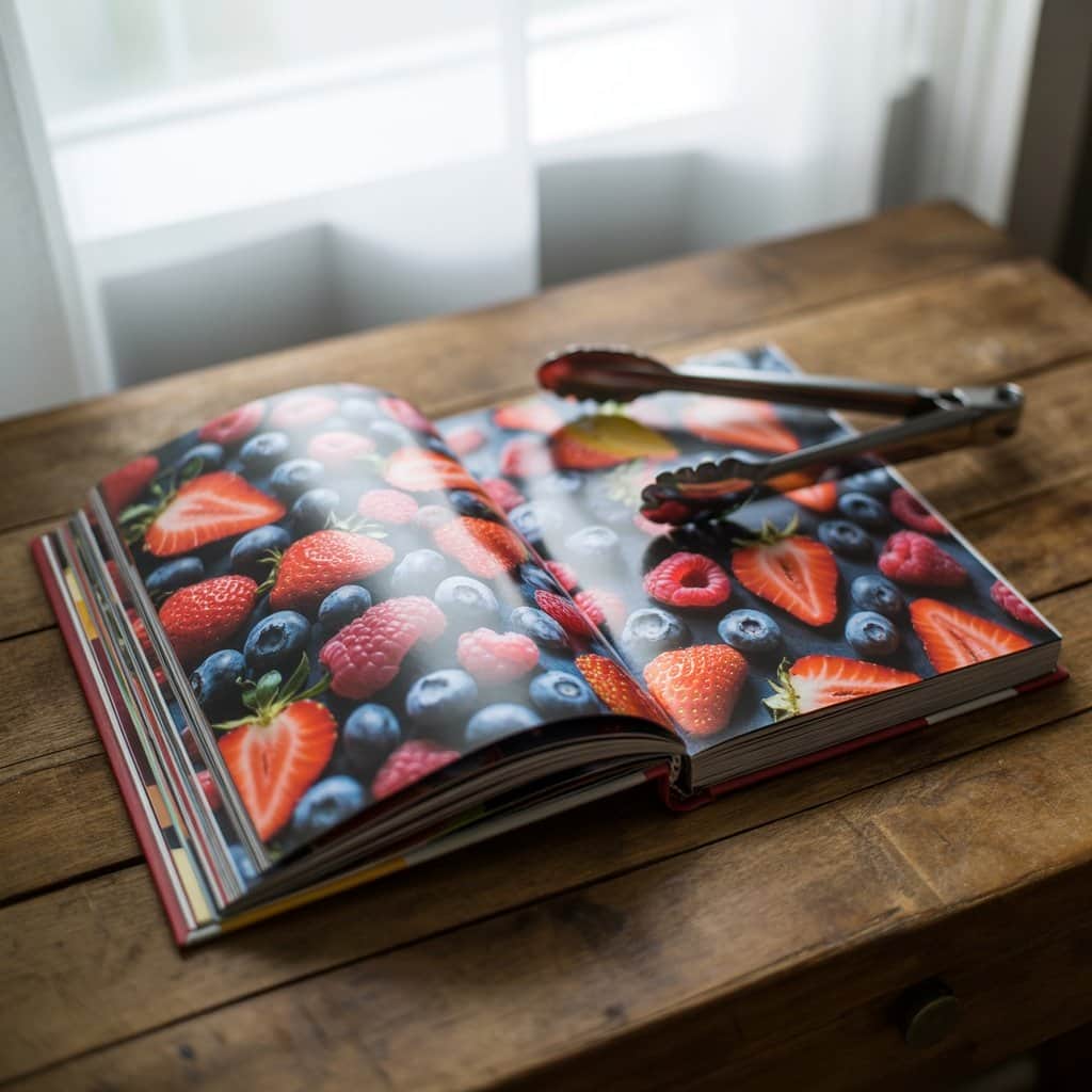 The cookbook’s visual design celebrates both food and culture Open cookbook showing vibrant food photography and design elements