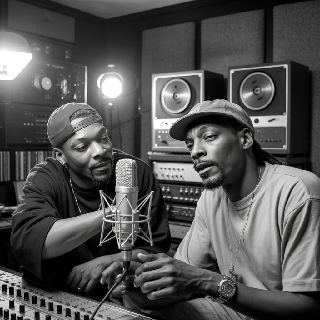 Behind the scenes of the iconic Death Row recording sessions Studio session photo of Snoop Dogg and Nate Dogg recording at Death Row