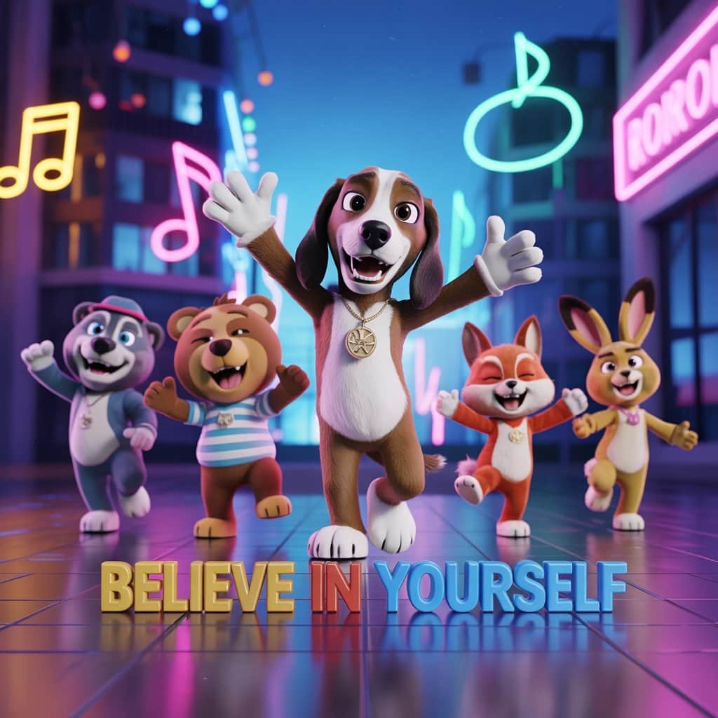 Scene from “The Affirmations Song” featuring animated characters Colorful screenshot from Snoop Dogg's Affirmations Song video
