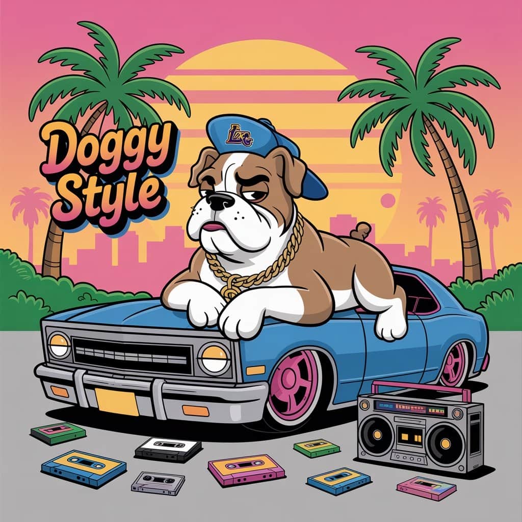The iconic Doggystyle album cover illustrated by Joe Cool Official album cover of Snoop Dogg's Doggystyle showing the cartoon illustration by Joe Cool