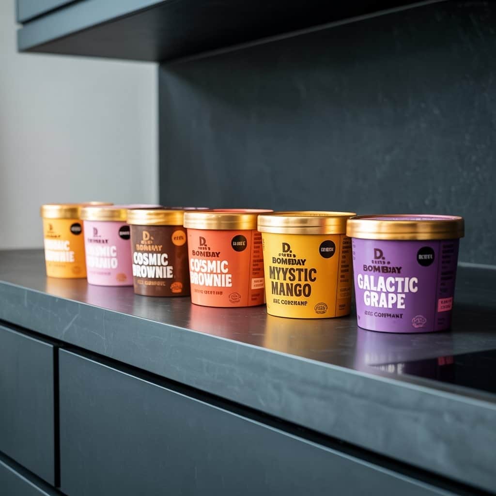 Complete collection of Dr. Bombay ice cream pint containers showing all available flavors