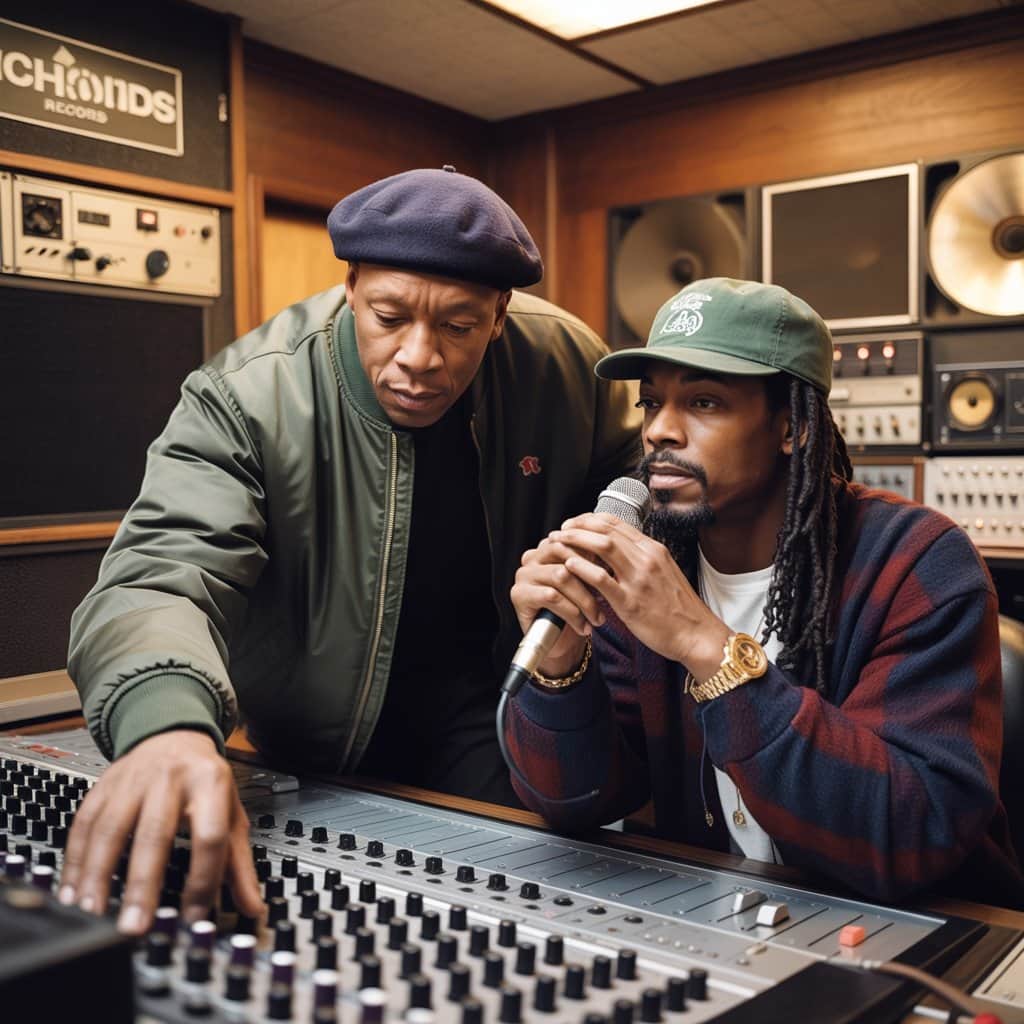 Dr. Dre and Snoop Dogg during their groundbreaking Death Row Records era Dr. Dre and Snoop Dogg in the recording studio working on music