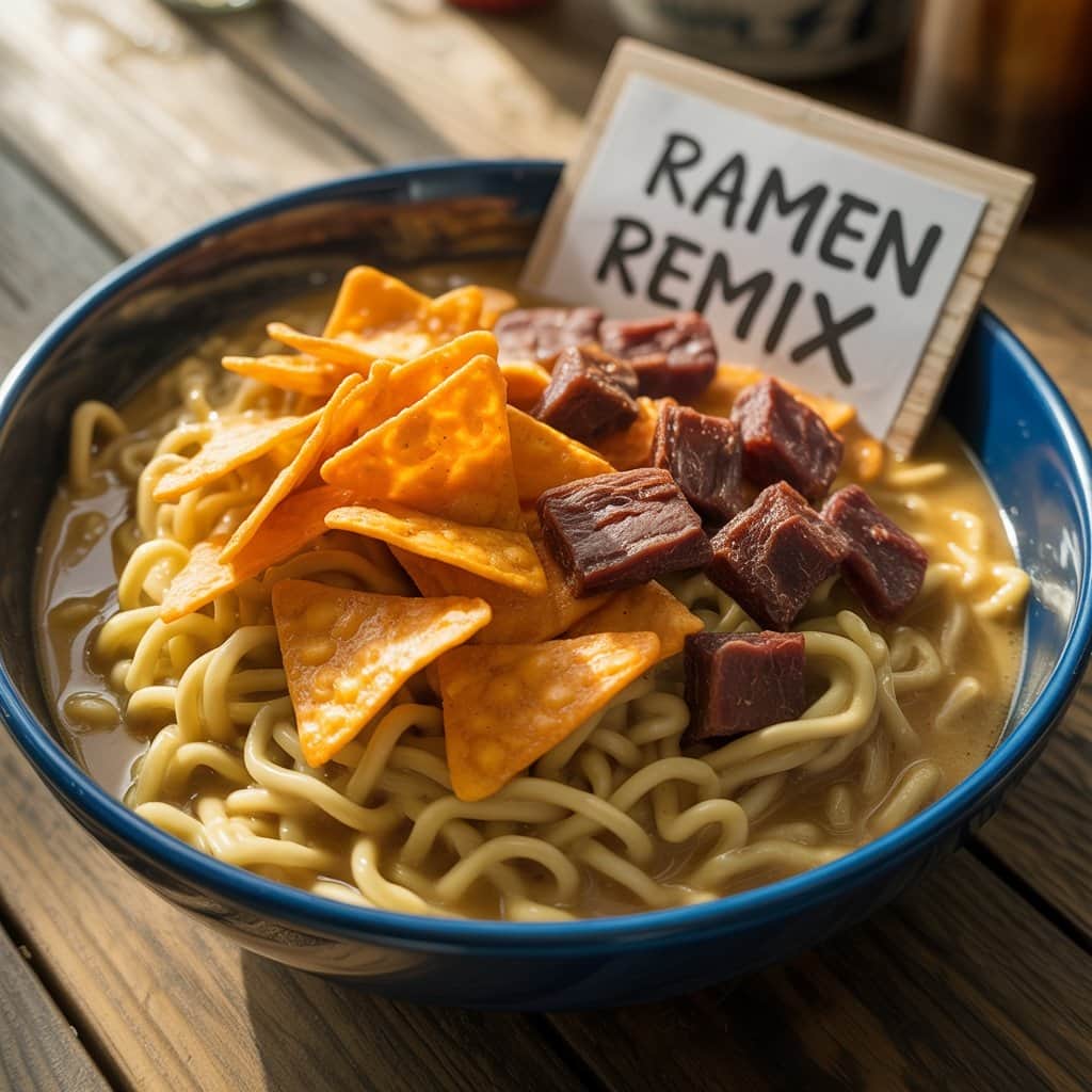 A perfect balance of creamy, crunchy, and savory elements Completed Snoop Dogg ramen recipe in serving bowl